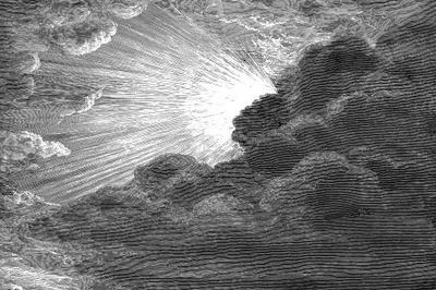 black and white image of the sun peaking through clouds