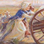 Mormon pioneer woman pushing handcart