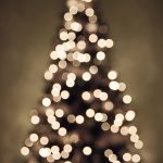 Out-of-focus image of a Christmas tree with lights.