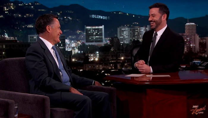 Mitt Romney talks with Jimmy Kimmel