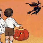 Two children who appear to have been trick-or-treating look up at a witch flying on her broom.