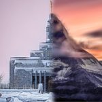 Mormon temple blended with mountain.